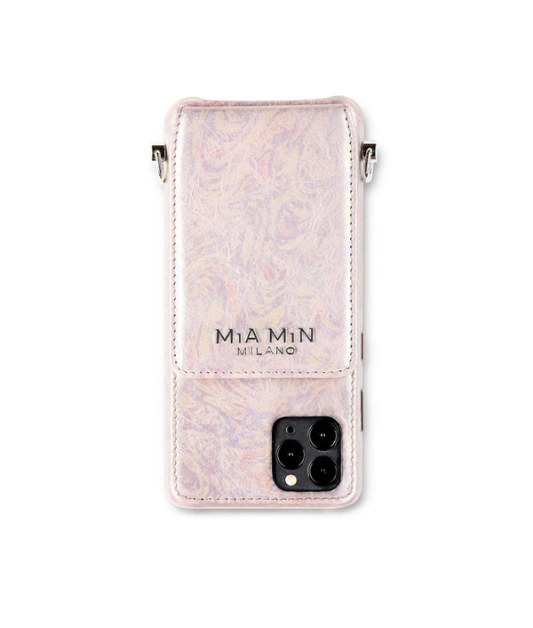 exklusive iphone 13 Pro leder tasche in Pink mit Silber Kette und Magic Ring von Mia Min Milano